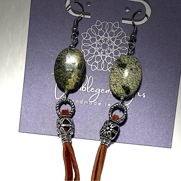 Trendy Boho Long Dangle Leather Earrings-Russian jade stones-Long Earrings - Picture 2 of 2